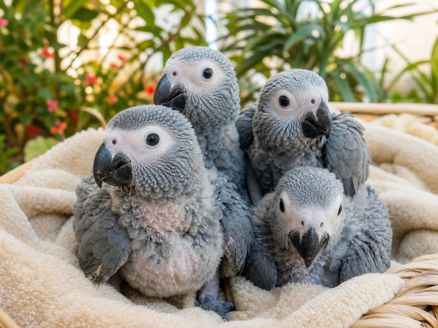 Hand-feeding age African Grey parrot chicks resting safely in a nursery