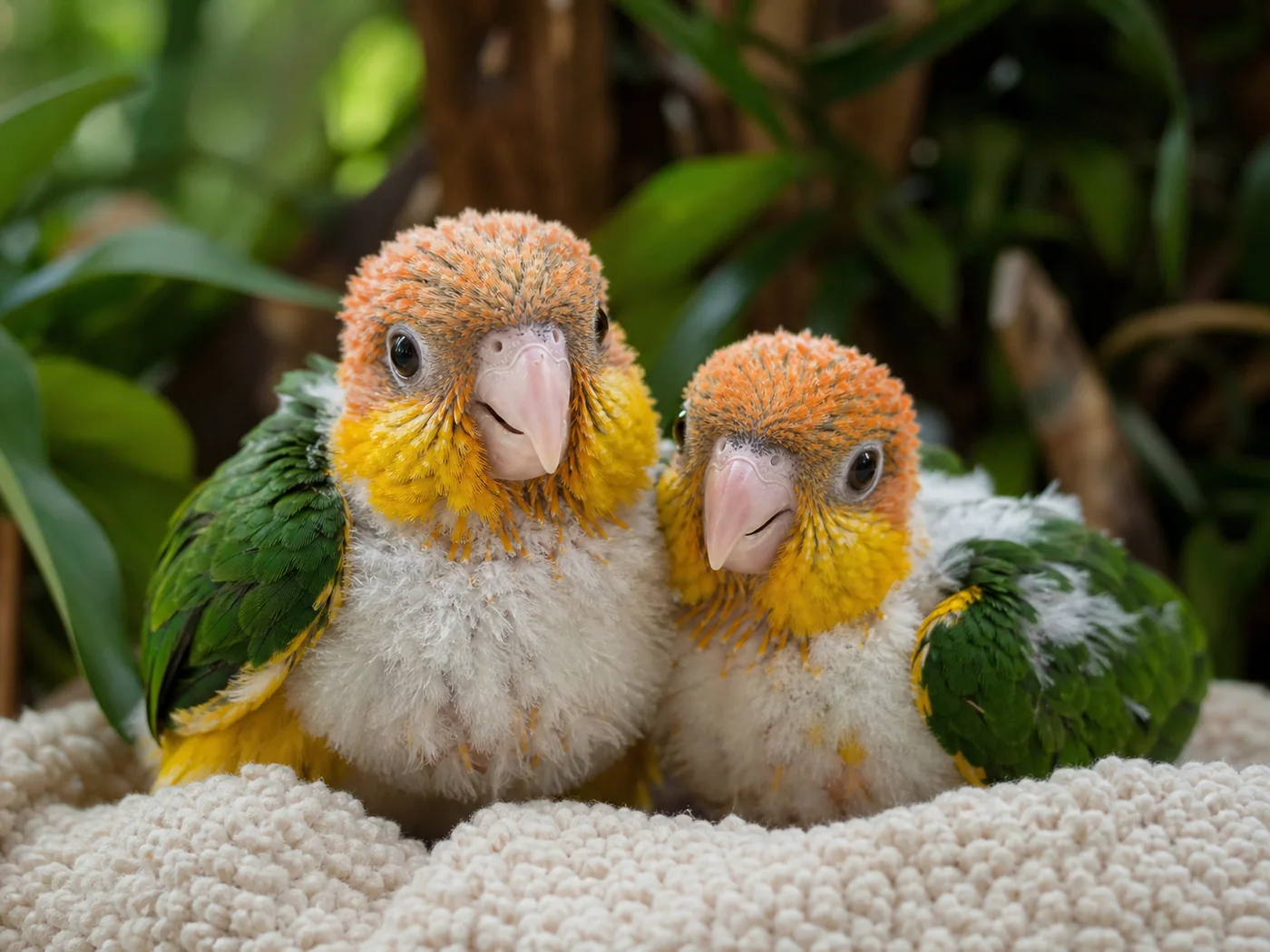 Hand-feeding age Caique chicks resting safely together
