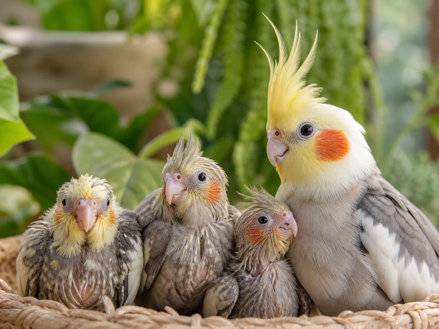 Hand-feeding age Cockatiel chicks with an adult Cockatiel nearby