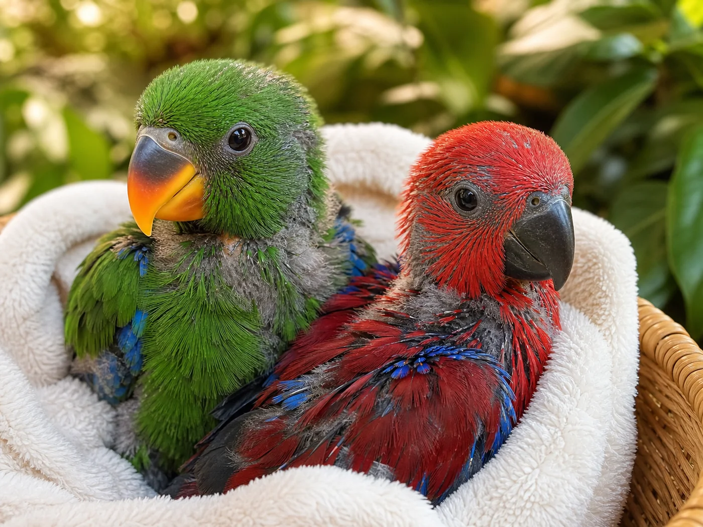Male and female hand-feeding age Eclectus parrot chicks
