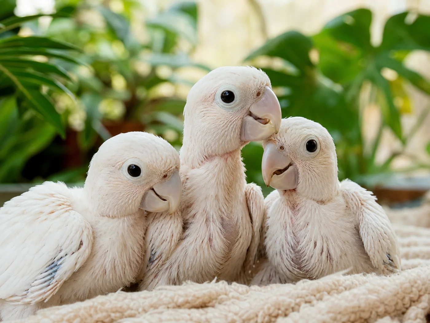 Hand-feeding age Goffin Cockatoo chicks resting safely in a nursery