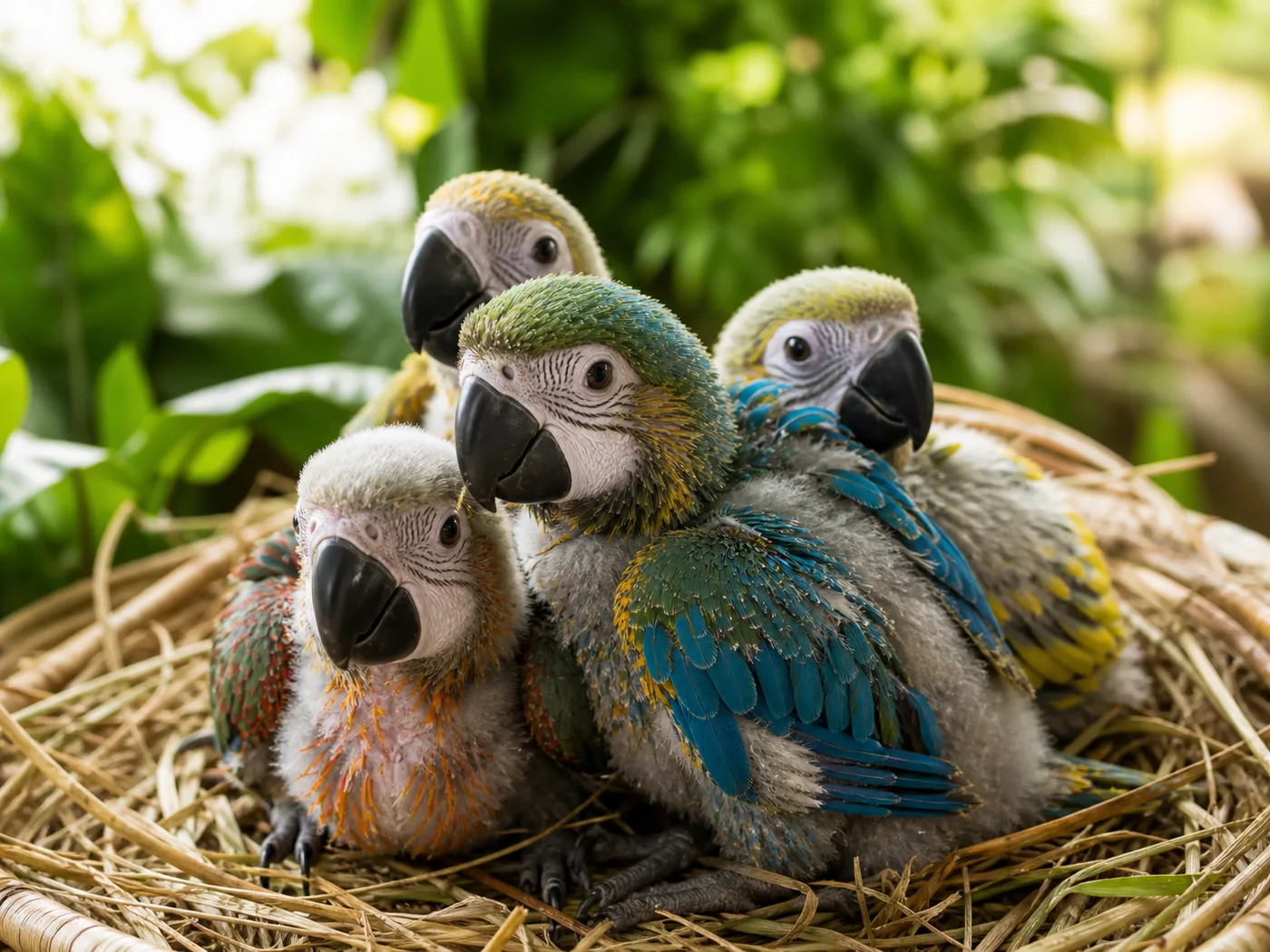 Hand-feeding age Macaw chicks resting safely in a nursery