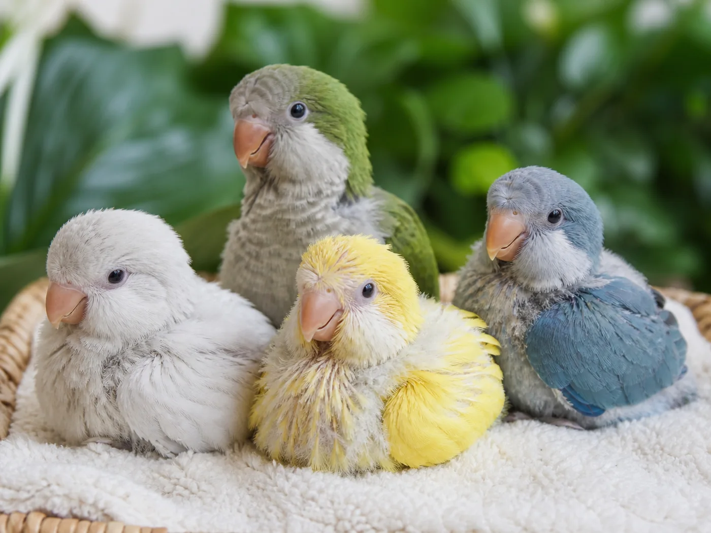 Blue, white and yellow hand-feeding age Monk Parakeet chicks