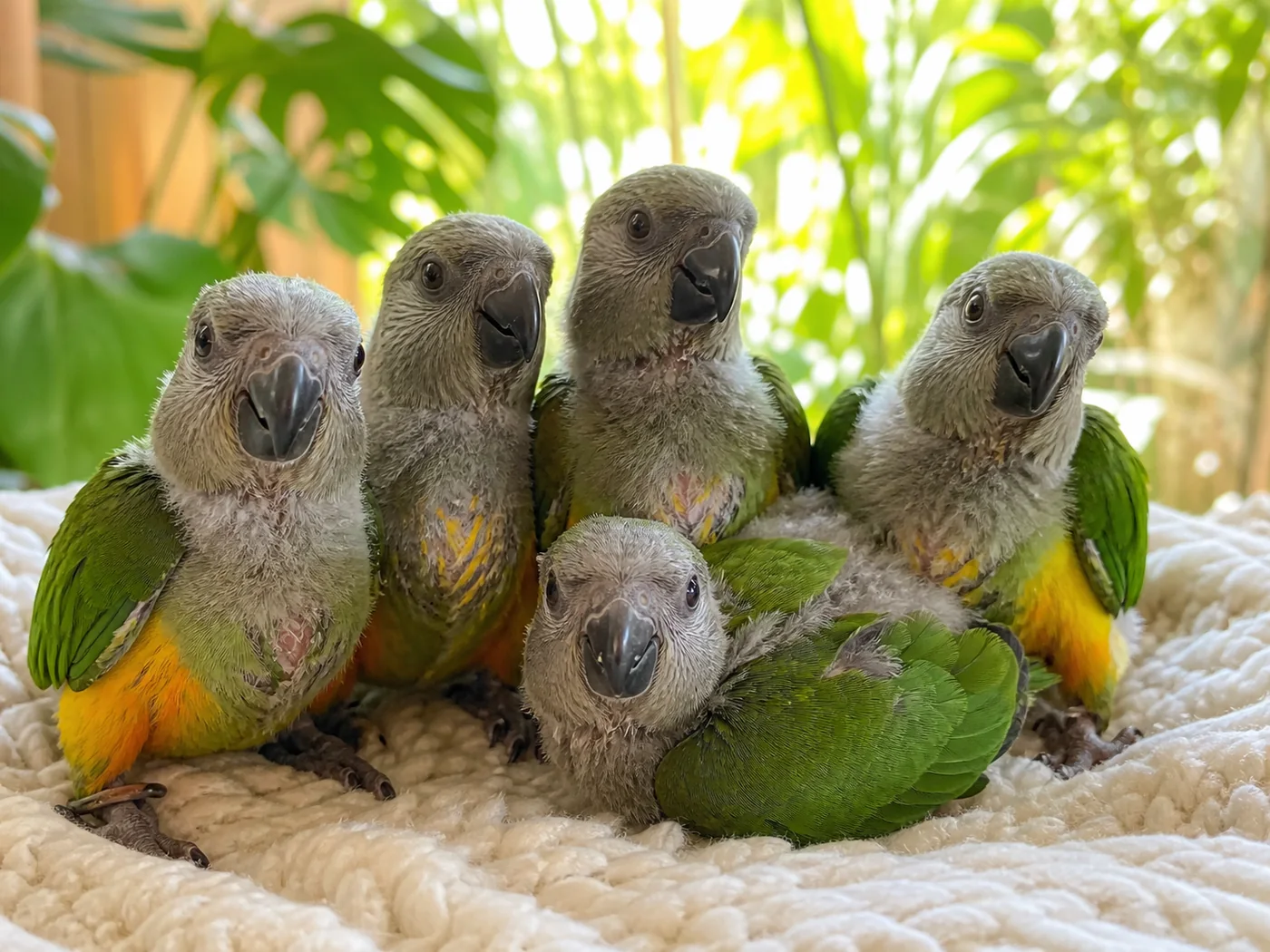 Hand-feeding age Senegal Parrot chicks resting safely in a nursery
