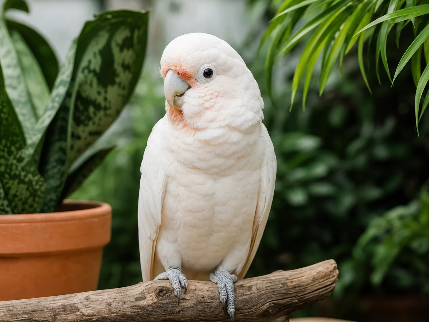 White Goffin Cockatoo with subtle salmon-pink facial feathers