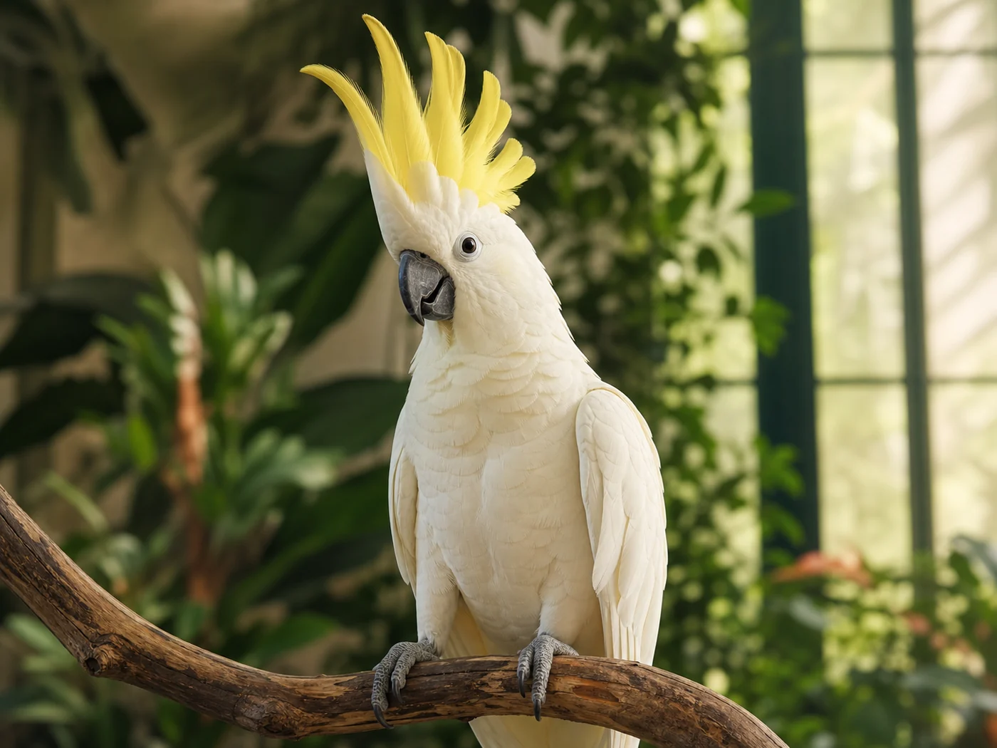 Reference visual of a Greater Sulphur-Crested Cockatoo with a raised yellow crest