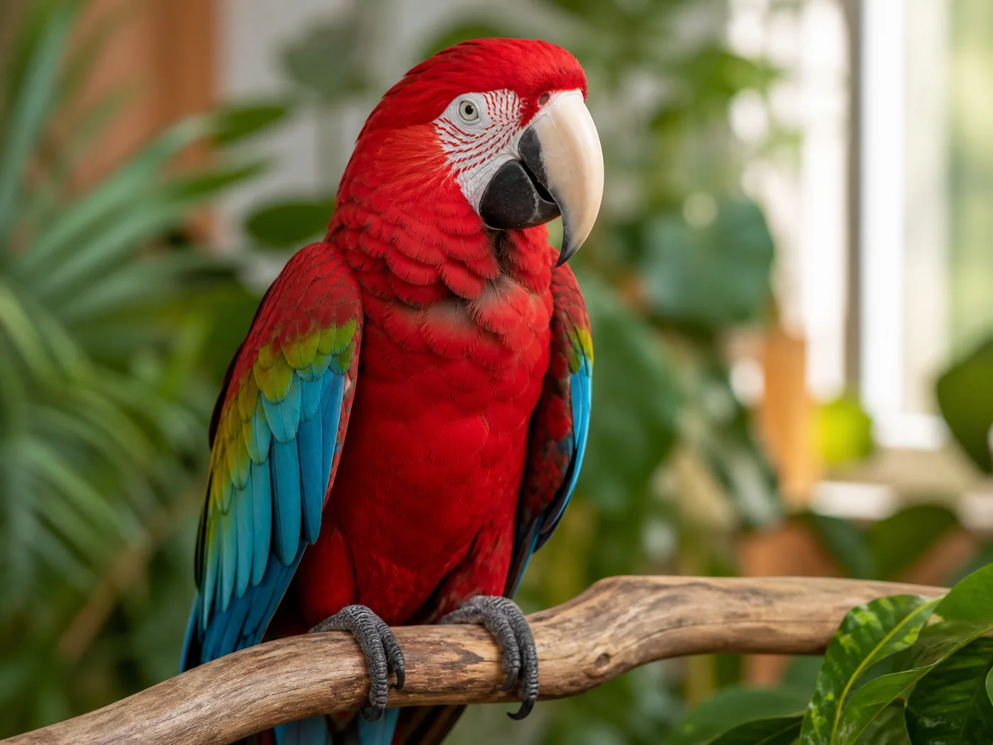 Green-Winged Macaw with red body, green wing band and blue flight feathers