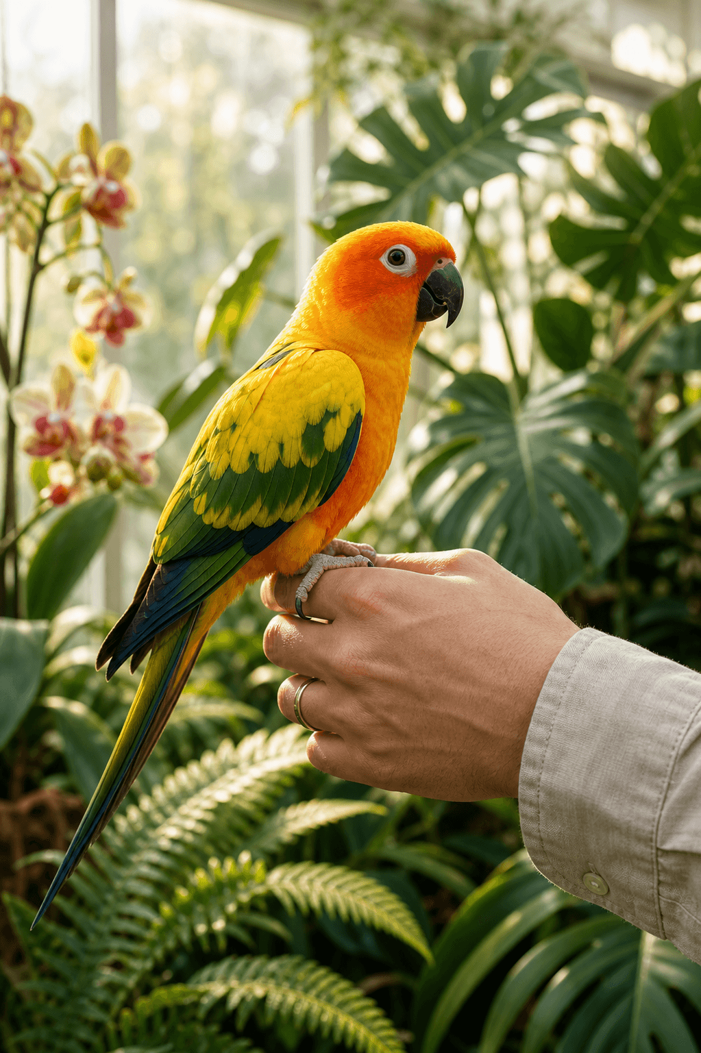 Hand-tamed companion parrot held gently by a person in Delhi NCR