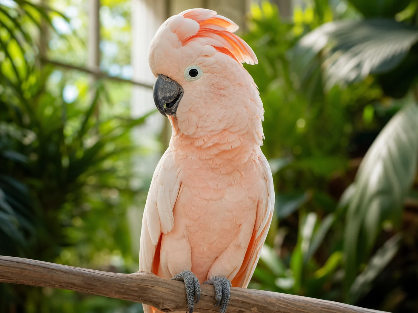 Reference visual of a salmon-pink Moluccan Cockatoo with a peach crest