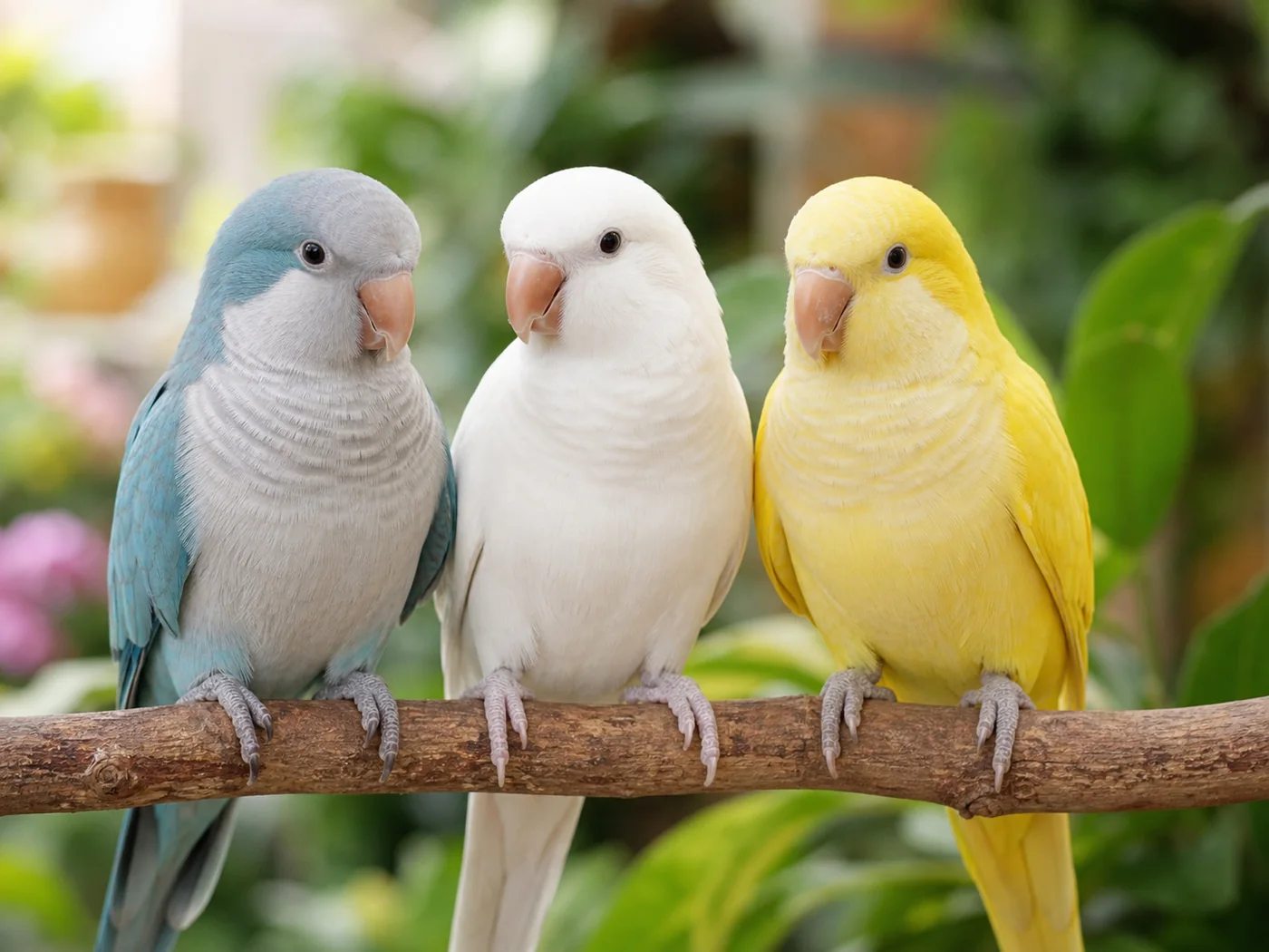 Blue, White and Yellow Monk Parakeets perched together