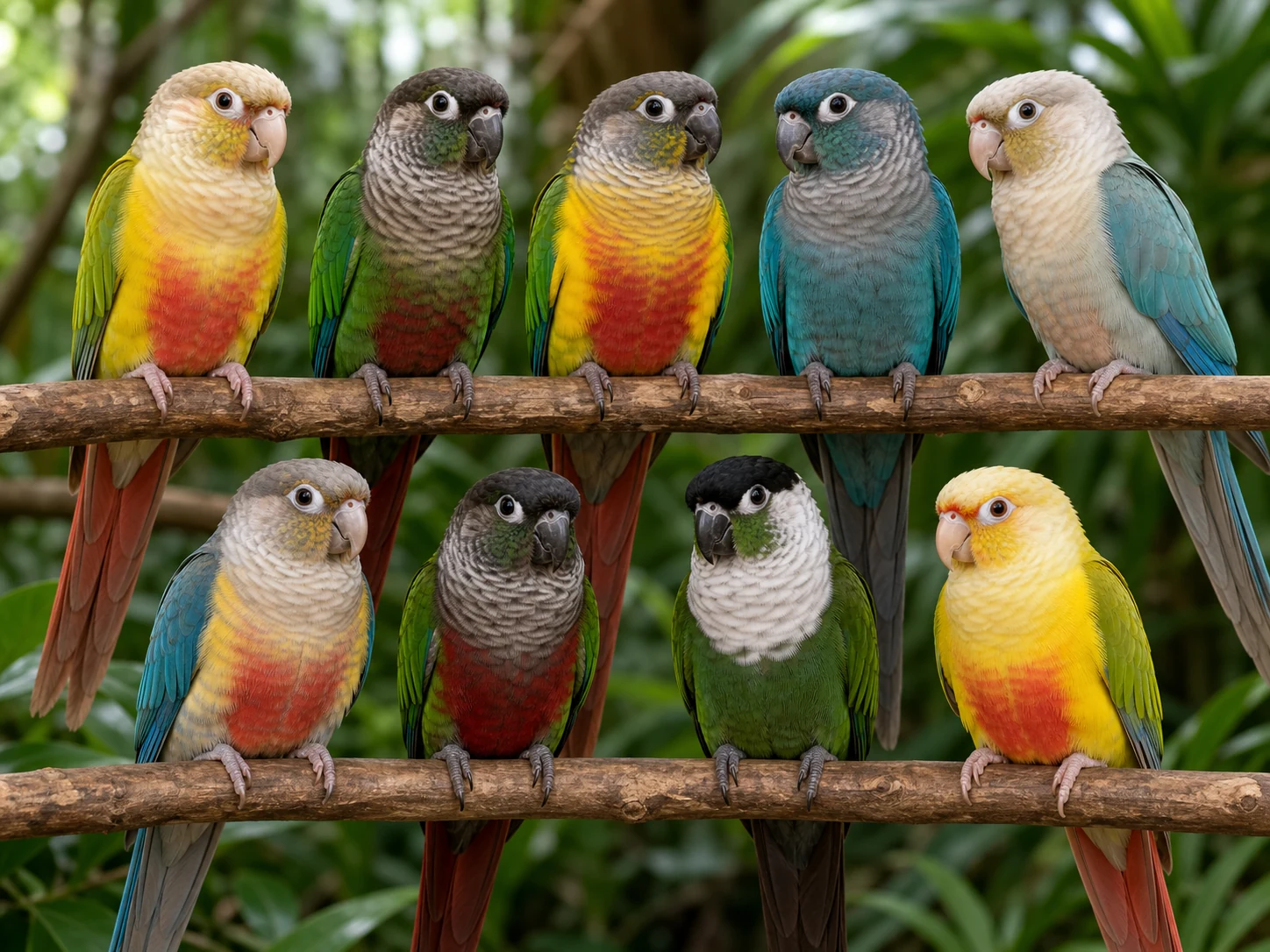 Group of nine Small Conure varieties including Pineapple, Green Cheek, Yellow-Sided, Blue and Crimson-Bellied Conures