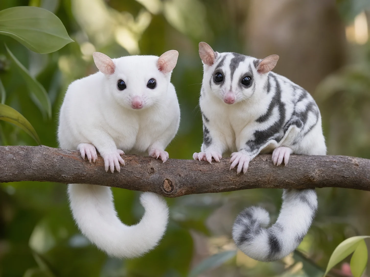 White leucistic Lucy and high-white Mosaic Sugar Gliders together with no standard Grey morph